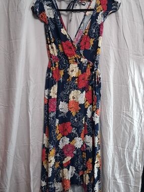Band of Gypsies Navy Floral Wrap Maxi Dress with Red, Cream & Mustard Blooms